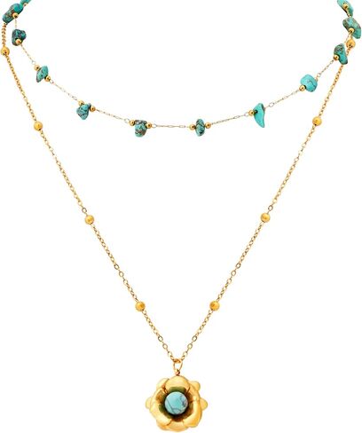 Minachi Vintage Boho متعددة الطبقات قلادة مع حبة الفيروز وعلاب الأزهار ، بوهو أزياء هدية المجوهرات للنساء in Saudi Arabia