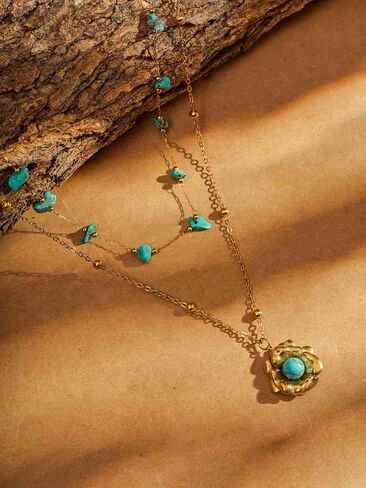 Minachi Vintage Boho متعددة الطبقات قلادة مع حبة الفيروز وعلاب الأزهار ، بوهو أزياء هدية المجوهرات للنساء in Saudi Arabia
