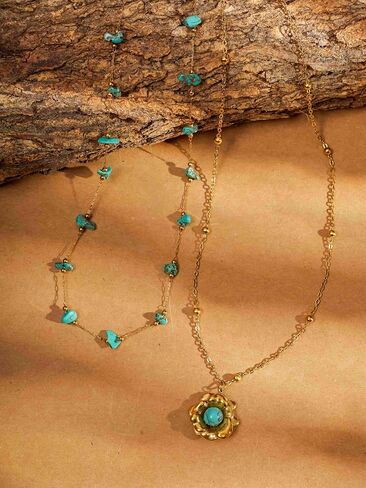 Minachi Vintage Boho متعددة الطبقات قلادة مع حبة الفيروز وعلاب الأزهار ، بوهو أزياء هدية المجوهرات للنساء in Saudi Arabia