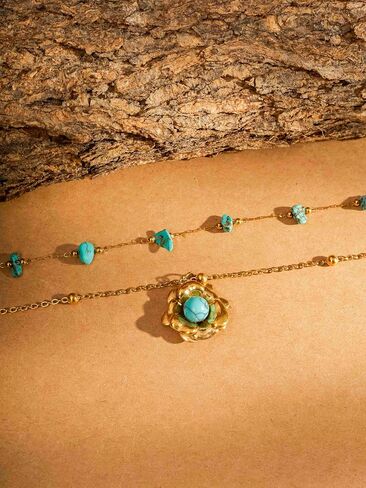 Minachi Vintage Boho متعددة الطبقات قلادة مع حبة الفيروز وعلاب الأزهار ، بوهو أزياء هدية المجوهرات للنساء in Saudi Arabia