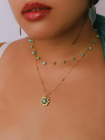 Minachi Vintage Boho متعددة الطبقات قلادة مع حبة الفيروز وعلاب الأزهار ، بوهو أزياء هدية المجوهرات للنساء in Saudi Arabia