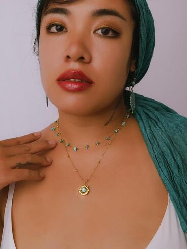 Minachi Vintage Boho متعددة الطبقات قلادة مع حبة الفيروز وعلاب الأزهار ، بوهو أزياء هدية المجوهرات للنساء in Saudi Arabia