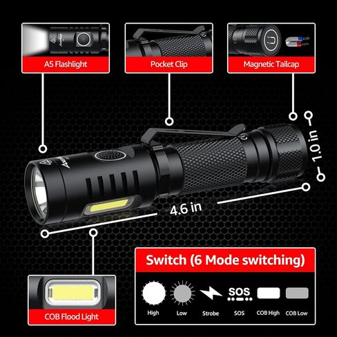 مصباح يدوي، مصباح يدوي مغناطيسي قابل للشحن بقوة 1300 لومن، مصباح LED تكتيكي، 9 أوضاع، IP67 خارجي A7 in Kuwait