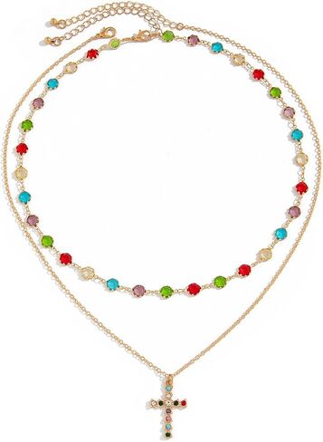 Gold Statement Necklaces for Women and Men – Vintage-Inspired Jewelry Featuring Chokers, Long Gold Layering Chains, Cross Pendants, Daisy Pearls, Floral Details, Colorful Gemstones & Rhinestones – Elegant Coquette, Y2K, Old Money & Unisex Aesthetic Fashio in Kuwait