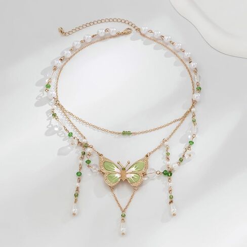 Multiple Layering Butterfly Y2k Necklace for Women,Vintage Pearl Link Chain Choker Necklace Chunky Insect Pendant Necklace Jewelry Accessories in Saudi Arabia