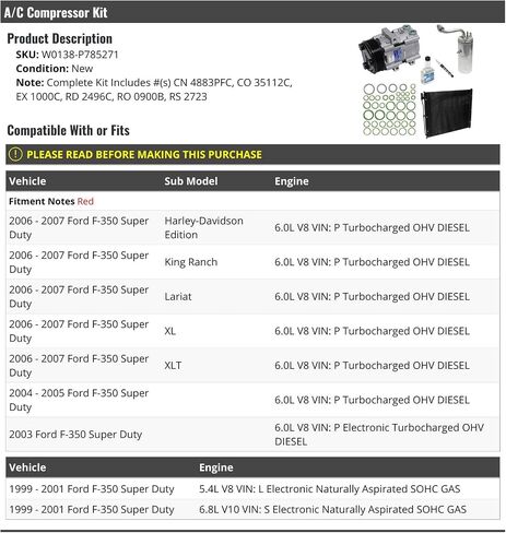 مجموعة ضاغط A/C-متوافقة مع 1999-2001 ، 2003-2007 Ford F350 Super Duty in Saudi Arabia