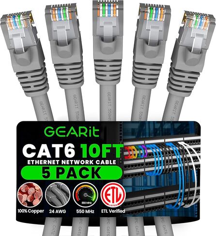 كابل توصيل Ethernet RJ45 Cat 6 من GearIT (حزمة من 5) للتلفزيون، والمودم، وألعاب الكمبيوتر، بسرعة 10 جيجابت في الثانية، وموصلات مطلية بالذهب، بدون مشبك، وكابل الشبكة، وكابل الإنترنت، 3 أقدام، أبيض in Saudi Arabia