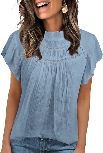 Blouses for Women Summer Tops 2025 Trendy Ruffle Sleeves Mock Neck T Shirts Pleated Front Loose Fit Work Blouse in Kuwait