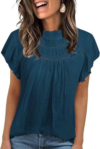 Blouses for Women Summer Tops 2025 Trendy Ruffle Sleeves Mock Neck T Shirts Pleated Front Loose Fit Work Blouse in Kuwait