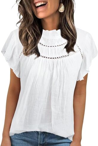 Blouses for Women Summer Tops 2025 Trendy Ruffle Sleeves Mock Neck T Shirts Pleated Front Loose Fit Work Blouse in Kuwait