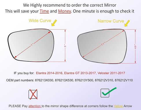 EAP Driver Side Mirror Glass Compatible with Hyundai Elantra 2011-2016 (Korea Built), Elantra GT 2013-2017, Veloster 2011-2017, Heated, 876113X070 876113X570 876113Y500 876112V110 876112V310 in Saudi Arabia