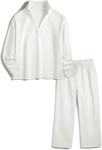 Ainangua Casual 2 Piece Sets for Women V Neck Long Sleeve Tops Wide Leg Pants Workout Outfits Fashion Carmel Travel Set in Saudi Arabia