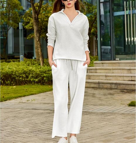 Ainangua Casual 2 Piece Sets for Women V Neck Long Sleeve Tops Wide Leg Pants Workout Outfits Fashion Carmel Travel Set in Saudi Arabia