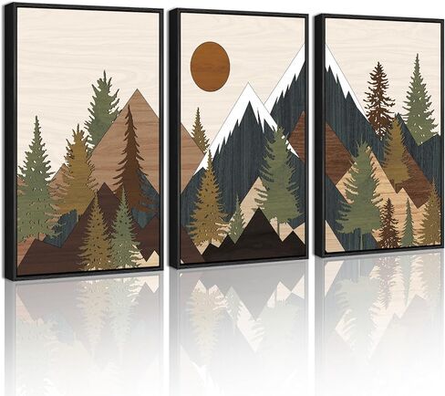 KUVIOKE Landscape Mountain Wall Art Set Sunrise Pine Tree Forest Nature Scenry Wilderness Farmhouse Rustic Modern Art Decorative for Living Room Bedroom 11x 14in (Natural Framed) in Saudi Arabia