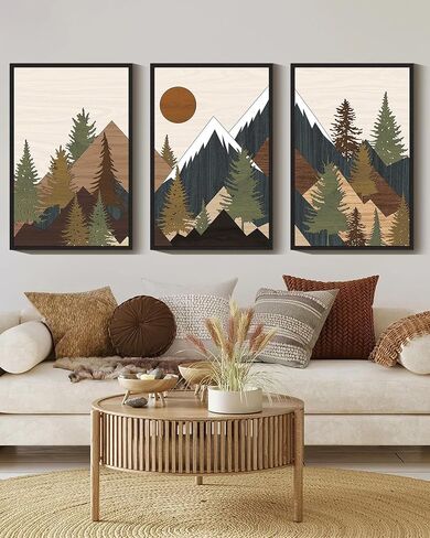 KUVIOKE Landscape Mountain Wall Art Set Sunrise Pine Tree Forest Nature Scenry Wilderness Farmhouse Rustic Modern Art Decorative for Living Room Bedroom 11x 14in (Natural Framed) in Saudi Arabia