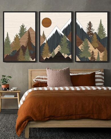 KUVIOKE Landscape Mountain Wall Art Set Sunrise Pine Tree Forest Nature Scenry Wilderness Farmhouse Rustic Modern Art Decorative for Living Room Bedroom 11x 14in (Natural Framed) in Saudi Arabia
