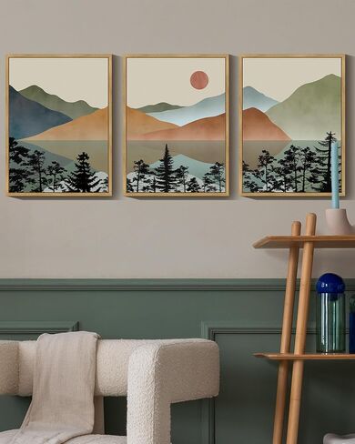 KUVIOKE Landscape Mountain Wall Art Set Sunrise Pine Tree Forest Nature Scenry Wilderness Farmhouse Rustic Modern Art Decorative for Living Room Bedroom 11x 14in (Natural Framed) in Saudi Arabia