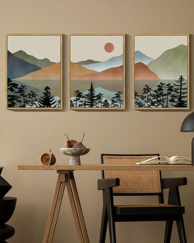 KUVIOKE Landscape Mountain Wall Art Set Sunrise Pine Tree Forest Nature Scenry Wilderness Farmhouse Rustic Modern Art Decorative for Living Room Bedroom 11x 14in (Natural Framed) in Saudi Arabia