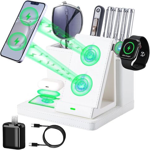 Desk Organizer with Phone Charger,Nightstand Desktop Organizer,Office Supplies Desk Accessories,Pen Holder for Desk,Remote Control Holder,Black Leather Desk Organizer With Charging Station (black) in Saudi Arabia