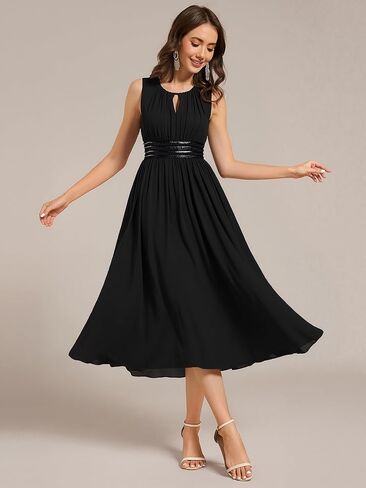 Ever-Pretty Women's Elegant Round Neck Chiffon A-Line Sequins Waist Midi Wedding Guest Dress 03955 in Saudi Arabia