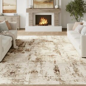 FMFUNCTEX 8x10 Washable Area Rug Brown Beige Neutral Abstract Modern Large Non Slip Carpet for Living Room Bedroom Soft Low Pile Indoor Mat Contemporary Throw Rug for Dining Kitchen Office Nursery in Kuwait