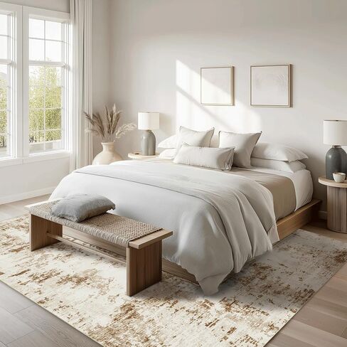 FMFUNCTEX 8x10 Washable Area Rug Brown Beige Neutral Abstract Modern Large Non Slip Carpet for Living Room Bedroom Soft Low Pile Indoor Mat Contemporary Throw Rug for Dining Kitchen Office Nursery in Saudi Arabia