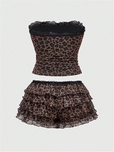WDIRARA Women's Plus Size 2 Piece Outfits Leopard Print Ruffle Layered Shorts Sets in Saudi Arabia