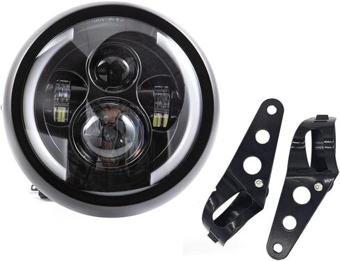 Round LED Motorcycle Headlight 7.5 inch with Mounting Brackets Assembly, Front Headlamp with Halo Ring Angel Eyes, Features Amber & White DRL High/Low Beam (Black) in Saudi Arabia