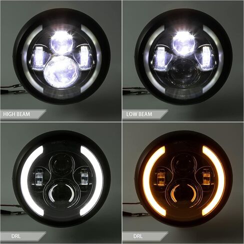 Round LED Motorcycle Headlight 7.5 inch with Mounting Brackets Assembly, Front Headlamp with Halo Ring Angel Eyes, Features Amber & White DRL High/Low Beam (Black) in Saudi Arabia