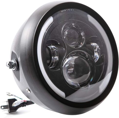 Round LED Motorcycle Headlight 7.5 inch with Mounting Brackets Assembly, Front Headlamp with Halo Ring Angel Eyes, Features Amber & White DRL High/Low Beam (Black) in Saudi Arabia