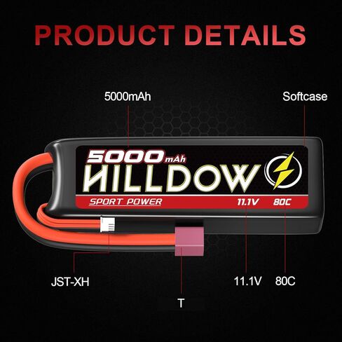 Hilldow 11.4V 3S Lipo Battery 100C 4000mAh بطارية قصيرة مع موصل XT60 لطائرات الهليكوبتر الصخرية الزاحفة ونماذج سباق القوارب بدون طيار (عبوتان) in Kuwait