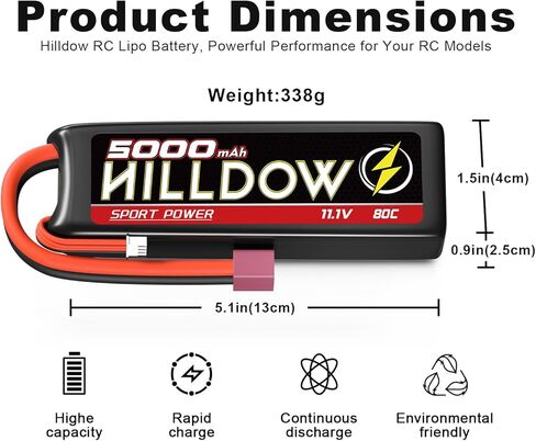 Hilldow 11.4V 3S Lipo Battery 100C 4000mAh بطارية قصيرة مع موصل XT60 لطائرات الهليكوبتر الصخرية الزاحفة ونماذج سباق القوارب بدون طيار (عبوتان) in Kuwait