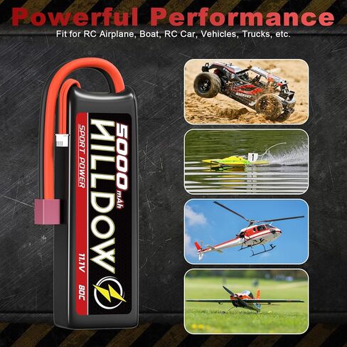 Hilldow 11.4V 3S Lipo Battery 100C 4000mAh بطارية قصيرة مع موصل XT60 لطائرات الهليكوبتر الصخرية الزاحفة ونماذج سباق القوارب بدون طيار (عبوتان) in Kuwait