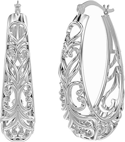 18K Gold-Plated 925 Sterling Silver Post Filigree Hoop Earrings for Women | Silver Post Oval Hoops Earring | Size 25mm, 32mm in Kuwait
