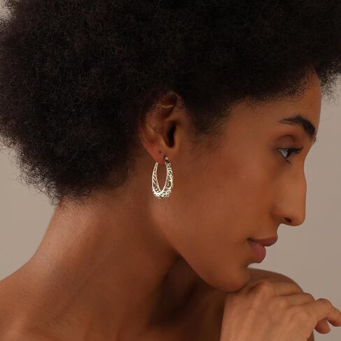 18K Gold-Plated 925 Sterling Silver Post Filigree Hoop Earrings for Women | Silver Post Oval Hoops Earring | Size 25mm, 32mm in Kuwait