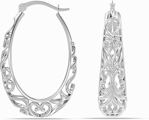 18K Gold-Plated 925 Sterling Silver Post Filigree Hoop Earrings for Women | Silver Post Oval Hoops Earring | Size 25mm, 32mm in Kuwait
