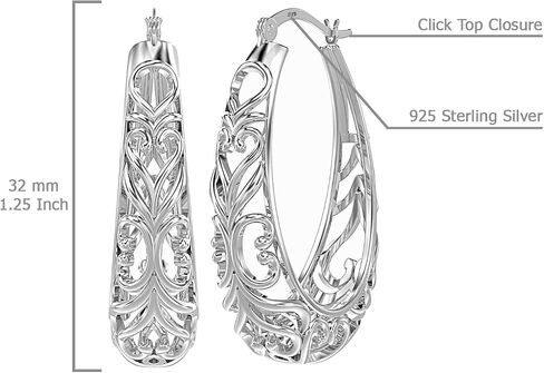18K Gold-Plated 925 Sterling Silver Post Filigree Hoop Earrings for Women | Silver Post Oval Hoops Earring | Size 25mm, 32mm in Kuwait