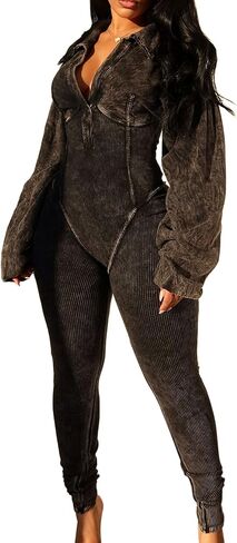 Famnbro Womens Sexy Jumpsuit V Neck Long Sleeve Bodycon One Piece Jumpsuits Ribbed Romper Club Outfits in Kuwait