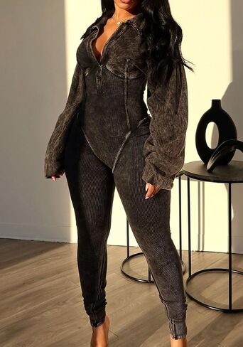 Famnbro Womens Sexy Jumpsuit V Neck Long Sleeve Bodycon One Piece Jumpsuits Ribbed Romper Club Outfits in Kuwait