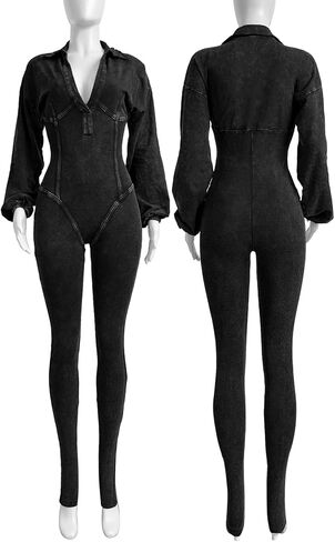 Famnbro Womens Sexy Jumpsuit V Neck Long Sleeve Bodycon One Piece Jumpsuits Ribbed Romper Club Outfits in Kuwait