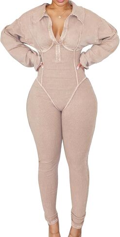 Famnbro Womens Sexy Jumpsuit V Neck Long Sleeve Bodycon One Piece Jumpsuits Ribbed Romper Club Outfits in Kuwait