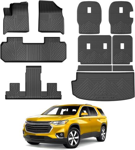 حصيرة Kust Floor for Chevy Traverse 2018-2023 (7 مقاعد) ، جميع بطانات الطقس ، حصيرة الشحن ، مسند الظهر الثاني والثالث ، حصيرة TPE Trunk ، ملحقات عالية الجانبية. in Kuwait
