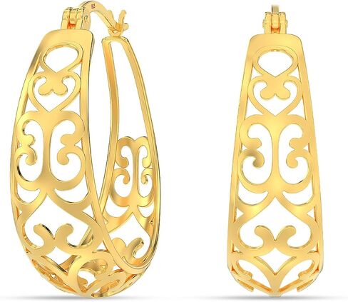18K Gold-Plated 925 Sterling Silver Post Filigree Hoop Earrings for Women | Silver Post Oval Hoops Earring | Size 25mm, 32mm in Kuwait