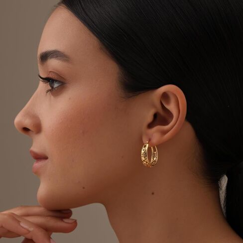 18K Gold-Plated 925 Sterling Silver Post Filigree Hoop Earrings for Women | Silver Post Oval Hoops Earring | Size 25mm, 32mm in Kuwait
