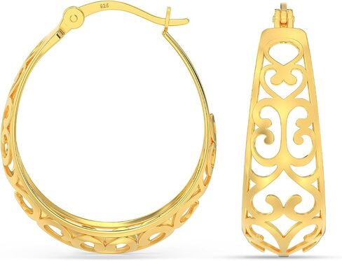 18K Gold-Plated 925 Sterling Silver Post Filigree Hoop Earrings for Women | Silver Post Oval Hoops Earring | Size 25mm, 32mm in Kuwait