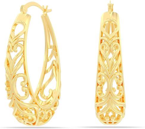 18K Gold-Plated 925 Sterling Silver Post Filigree Hoop Earrings for Women | Silver Post Oval Hoops Earring | Size 25mm, 32mm in Kuwait