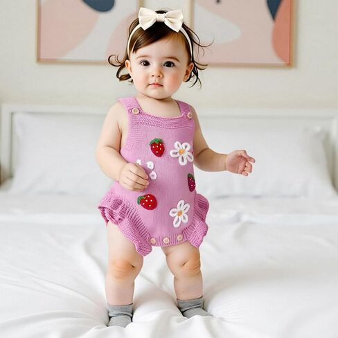 Newborn Baby Girl Summer Romper Knitted Cherry Print Cami Bodysuit Ruffle Trim Jumpsuit 3 6 12 18M Cherry Baby Outfit in Kuwait