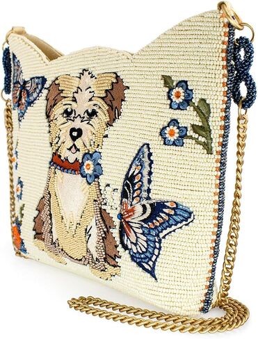 Mary Frances Shaggy Chic Beded Crossbody حقيبة يد مع كلب مرعب و Butterfly Motif Pet Lover Bag Evening Bag ، العاج in Saudi Arabia