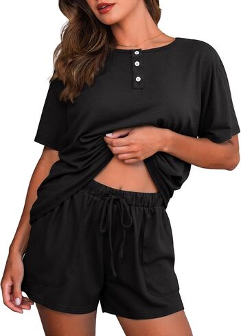 بيجامات للنساء مجموعة 2 قطعة خفيفة الوزن مجموعات لطيفة لطيفة مطابقة PJS بأكمام قصيرة بأكمام النوم مع جيوب in Kuwait