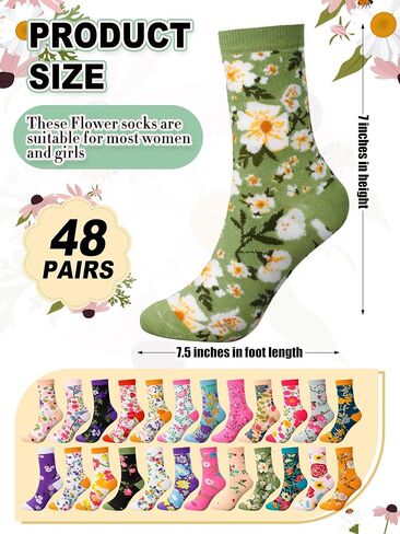 Ramede 48 Pairs Flower Socks for Women Novelty Funny Floral Crew Socks Bulk Colorful Sock Gifts for Ladies Men Dress in Saudi Arabia